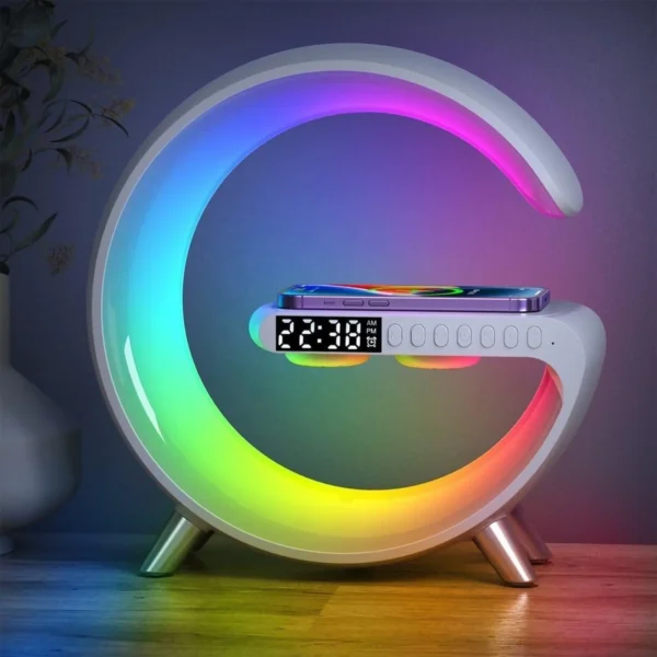 G Shape Led Table Lamp with Wireless Charging, Alarm Clock & Music Speaker